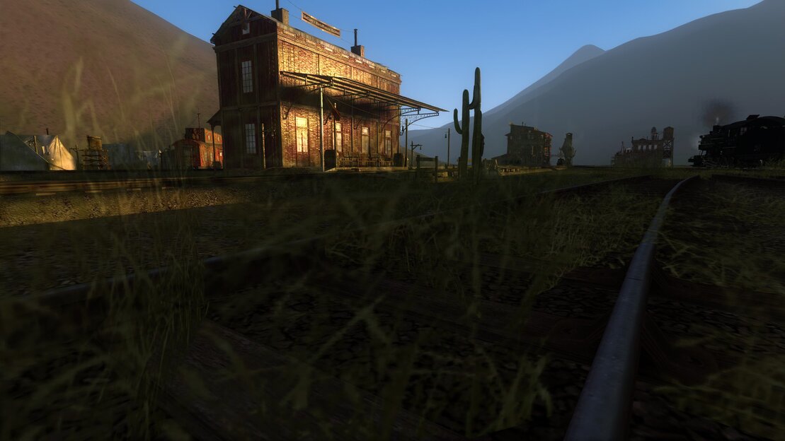 Steam train on a scenic mountain railway curve in a simulator