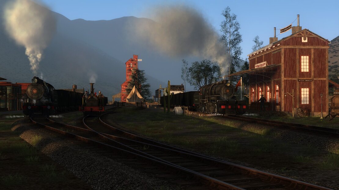 Trainz screenshot of an electric commuter train at a busy South African station